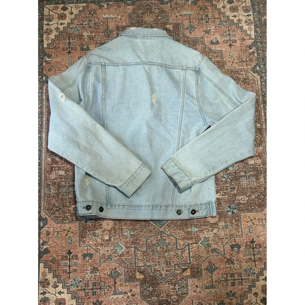 Brooklyn Cloth Mens Distressed Denim Jacket Light Wash Ripped Trucker Large